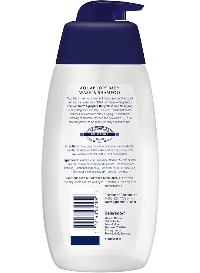 Aquaphor Baby Wash And Shampoo Mild Tear Free 2 In 1 Solution For Baby'S Sensitive Skin 16.9 FlOz. - Image 2