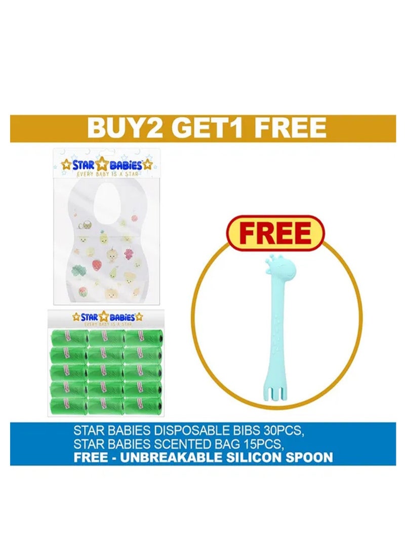 STAR BABiES Combo Scented Bag Pack Of 15 Spoon Fork Disposable Bibs 30Pcs Green - Image 2