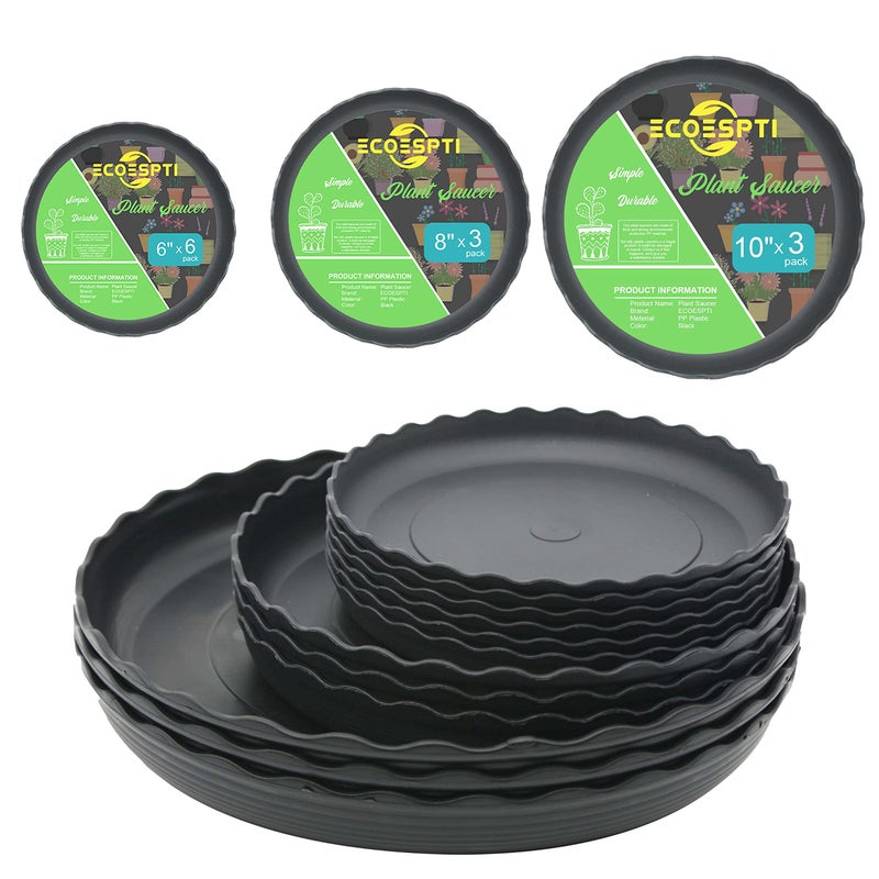 ECOESPTI 12Pcs Plant Saucer, 6 8 10 Inch Durable Plastic Plant Tray, Black Round Plant Pot Saucers, Drip Tray for Indoor and Outdoor Garden - Image 1