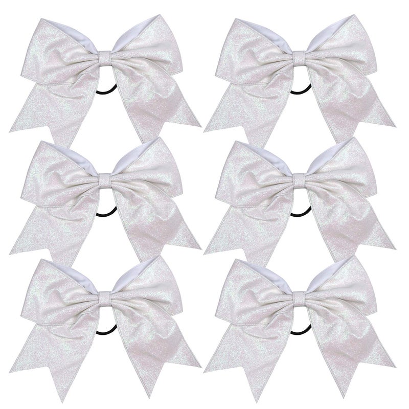 Cheerleader Bows Cheerleading 8 inch Sparkle Glitter Ponytail Holder Hair Tie School for High School College Girl Team Sports 6 Pcs White