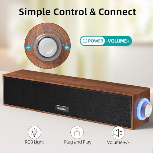 Uakinat Computer Speakers,Wooden Multimedia Digital Speaker,USB Powered 3.5mm AUX PC Speakers,Surround Sound Portable Computer Sound Bar Speaker for Desktop Laptop (Brown) - Image 4