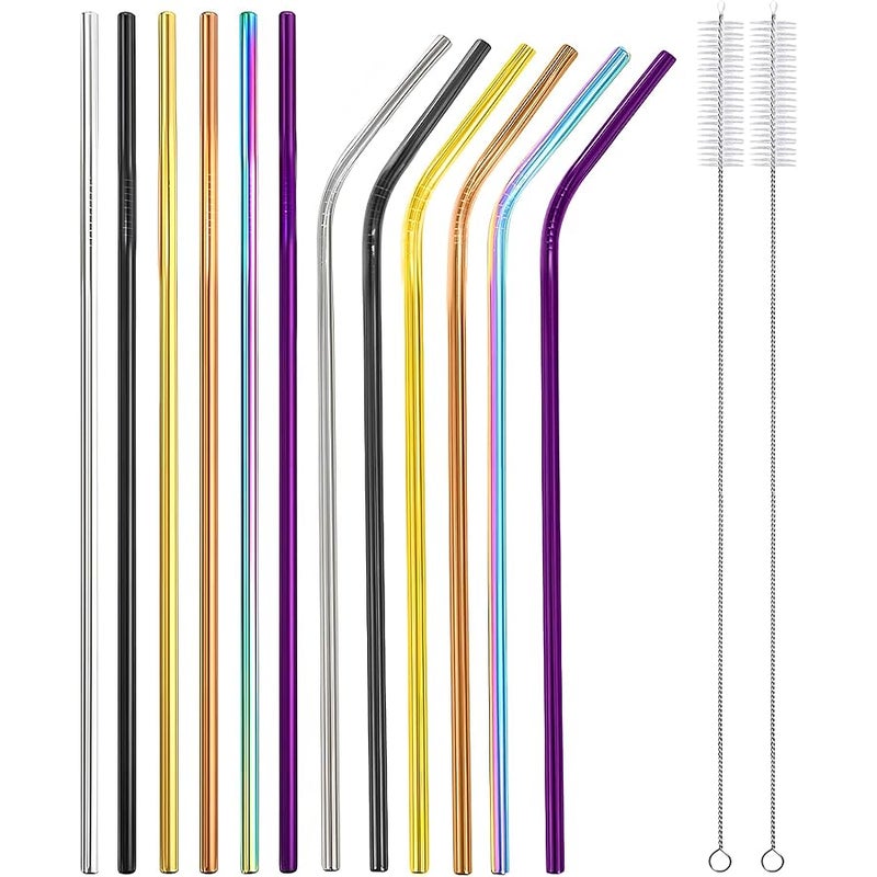 Woyinger 12 Pack 10.5 * 0.24 Stainless Steel Straws with 2 Cleaning Brushes, 6 Straight + 6 Bent Mental Straws, Compatible with 30oz Tumblers(Silver/Black/Gold/Rose Gold/Purple/Rainbow) - Image 1