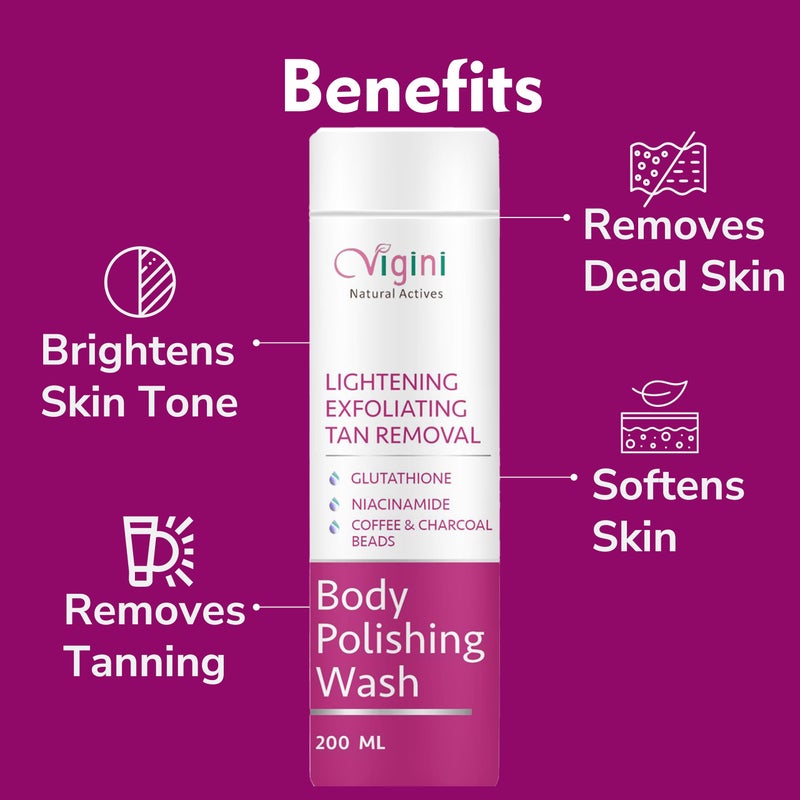 Vigini مجموعة كريم غسول الجسم فيجيني لتفتيح البشرة وتلميعها وترطيبها وتقشيرها وإشراقتها للرجال والنساء 300 مل واقي شمس SPF 30، إزالة البقع الداكنة د تان غلوتاثيون، نياسيناميد، فيتامين C - Image 4