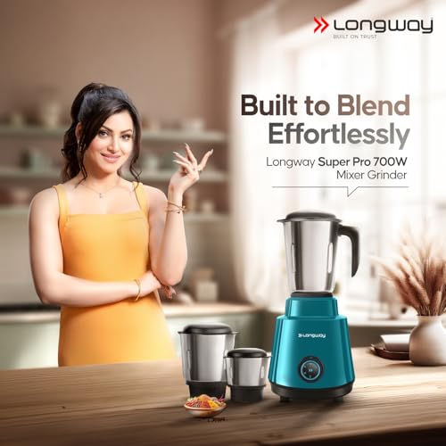 Longway Super Pro Mixer Grinder | Up to 700 Watt Powerful Motor | 3 Jars for Grinding, Mixing, Juicing (Teal & Black, 3 Jars) - Image 2