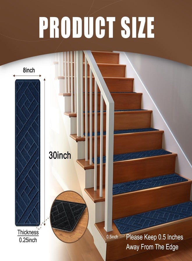 OXKVPVF 15 Pack 8 "X 30" Non-Slip Carpet Stair Treads for Indoor Wooden Steps, Made of Polyester and Reusable Adhesive, Suitable for Kids Elders and Pets（Navy Lines） - Image 3
