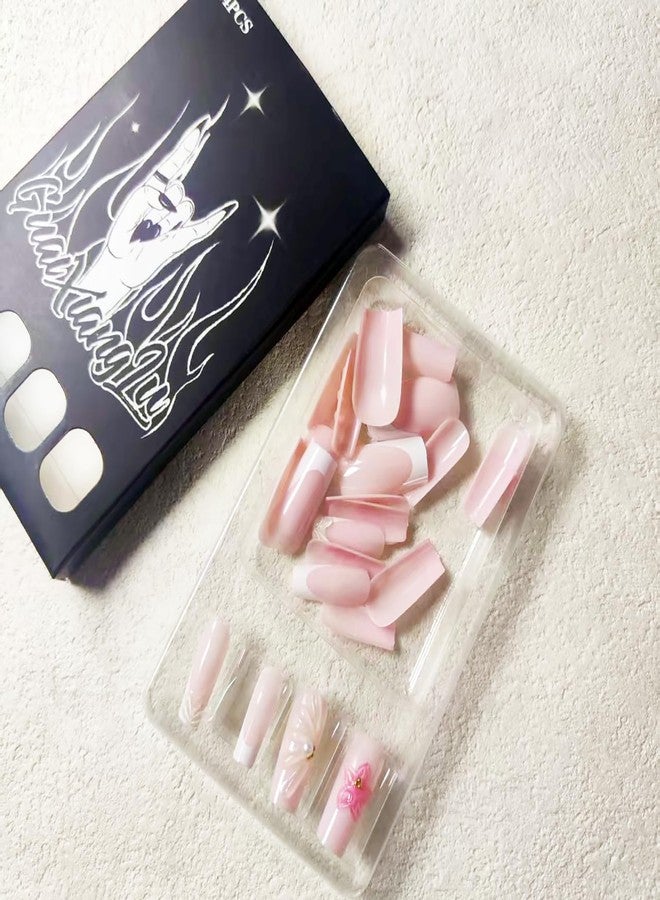 KKUUOO 24Pcs Flower Press on Nails,Medium Square Fake Nails 3D Peals Gold Beads Press Ons with White French Designs Pink Acrylic False Nails Reusable Glossy Stick on Nails for Women Girls - Image 5