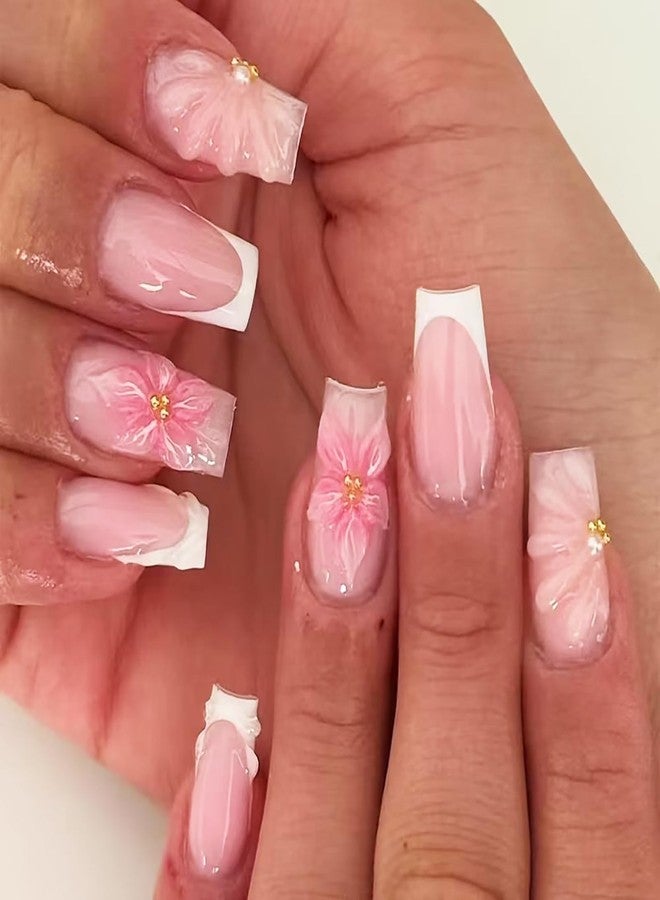 KKUUOO 24Pcs Flower Press on Nails,Medium Square Fake Nails 3D Peals Gold Beads Press Ons with White French Designs Pink Acrylic False Nails Reusable Glossy Stick on Nails for Women Girls - Image 1