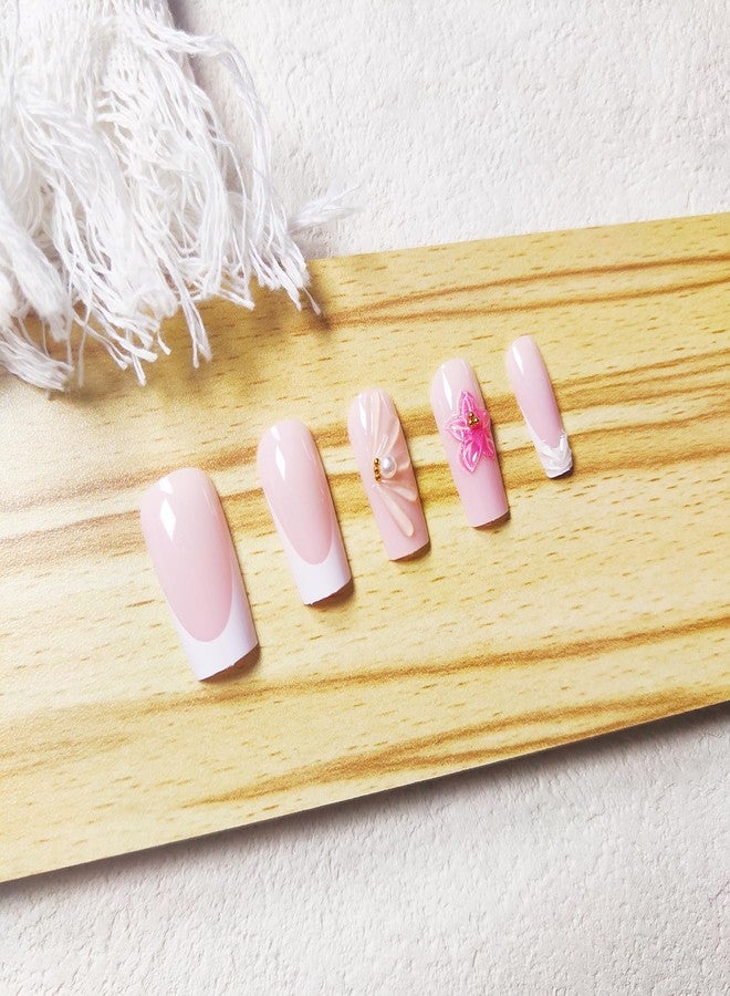 KKUUOO 24Pcs Flower Press on Nails,Medium Square Fake Nails 3D Peals Gold Beads Press Ons with White French Designs Pink Acrylic False Nails Reusable Glossy Stick on Nails for Women Girls - Image 2