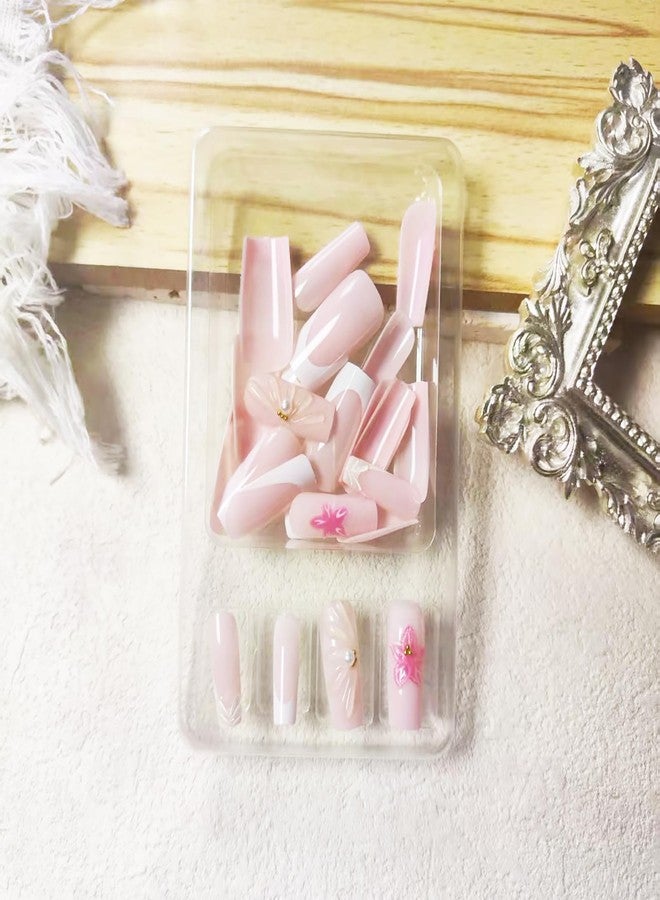 KKUUOO 24Pcs Flower Press on Nails,Medium Square Fake Nails 3D Peals Gold Beads Press Ons with White French Designs Pink Acrylic False Nails Reusable Glossy Stick on Nails for Women Girls - Image 4
