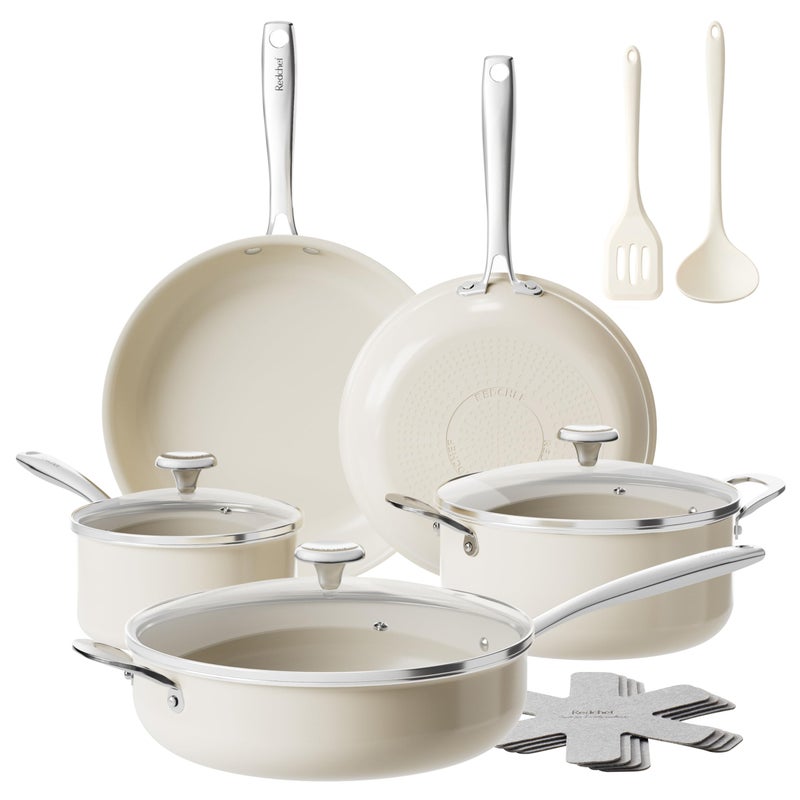 Redchef Ceramic Nonstick Cookware Set,14pcs Pots and Pans Set Non Stick,Induction Cookware with Stainless Steel Handle,Non Toxic Kitchen Cooking Set,Dishwasher & Oven Safe,PFAS PFOA & PTFE Free - Image 1