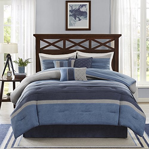 madison park Madison Park Cozy Comforter Set Casual Modern Design All Season Matching Bed Skirt Decorative Pillows Queen90x90 Blue Grey 7 Piece MP101636 