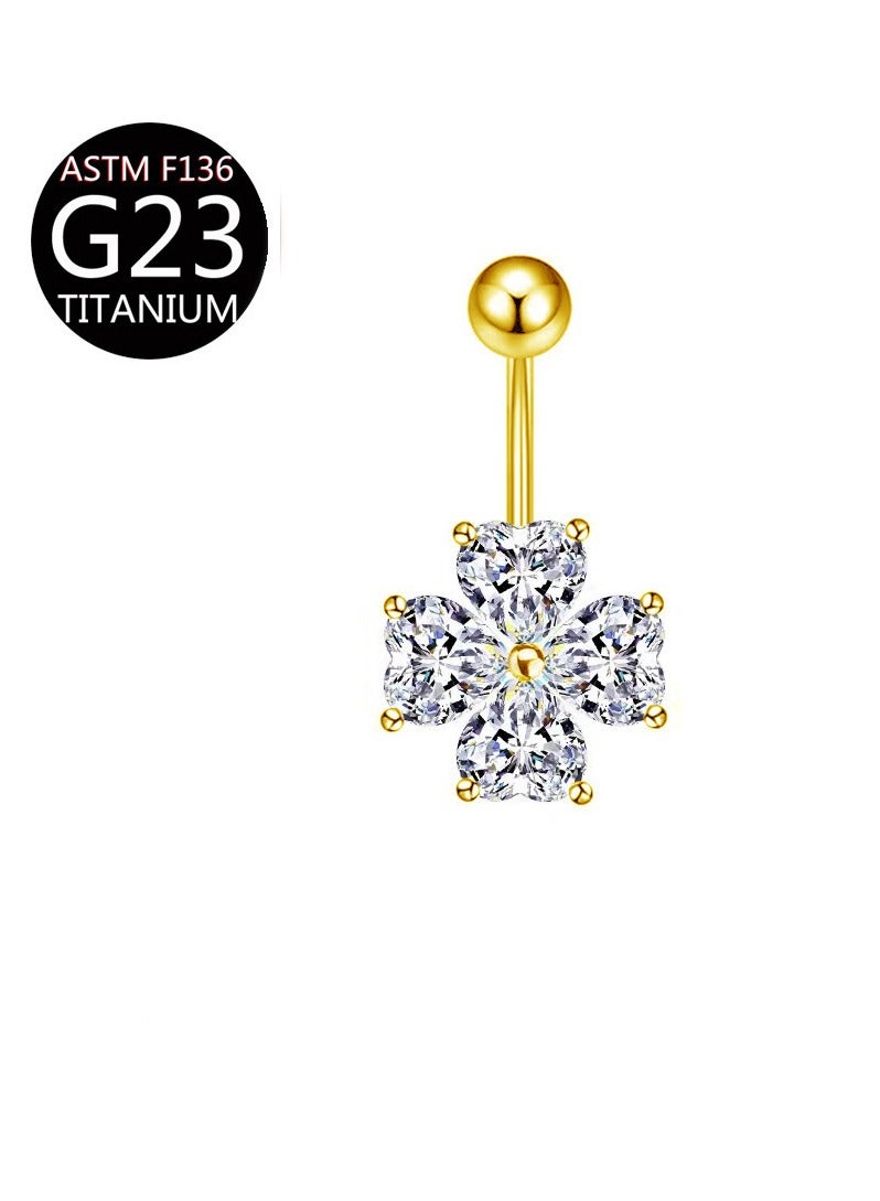 Innoshine Golden Hypoallergenic Titanium Steel Belly Button Ring –    Zircon  Navel Ring, Trendy Four Leaf Clover Body Piercing Jewelry for Women - Image 1