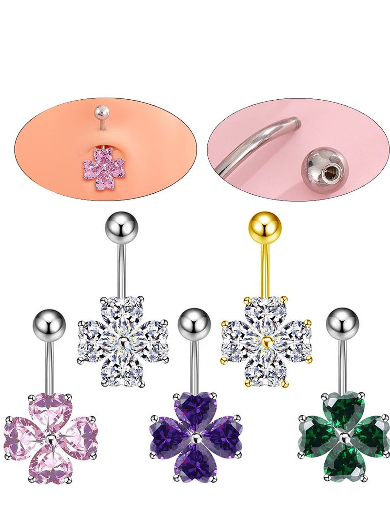 Innoshine Golden Hypoallergenic Titanium Steel Belly Button Ring –    Zircon  Navel Ring, Trendy Four Leaf Clover Body Piercing Jewelry for Women - Image 2