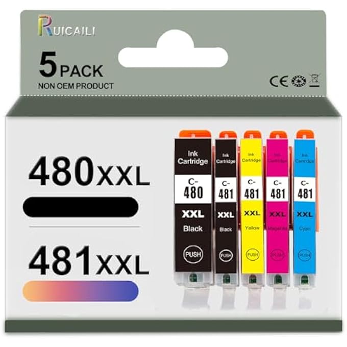 INK CARTRIDGE COMPATIBLE FOR PGI-480XXL CLI-481 XXL 5 PACKS INK CARTRIDGES FOR CANON PIXMA TS704 TR7540 TR8540 TS6140 TS8140 TS9140 TS9540 TS9541C PRINTER - Image 1