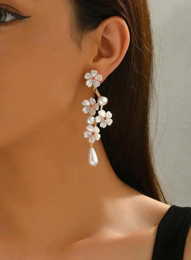 تايك تو أقراط متدلية بتصميم زهور ولؤلؤ صناعي