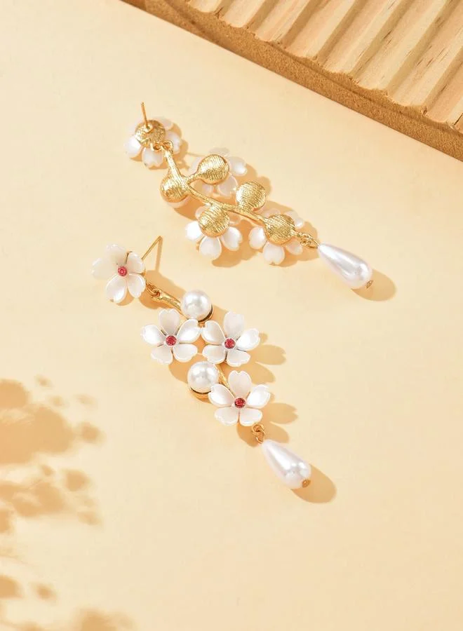 تايك تو أقراط متدلية بتصميم زهور ولؤلؤ صناعي