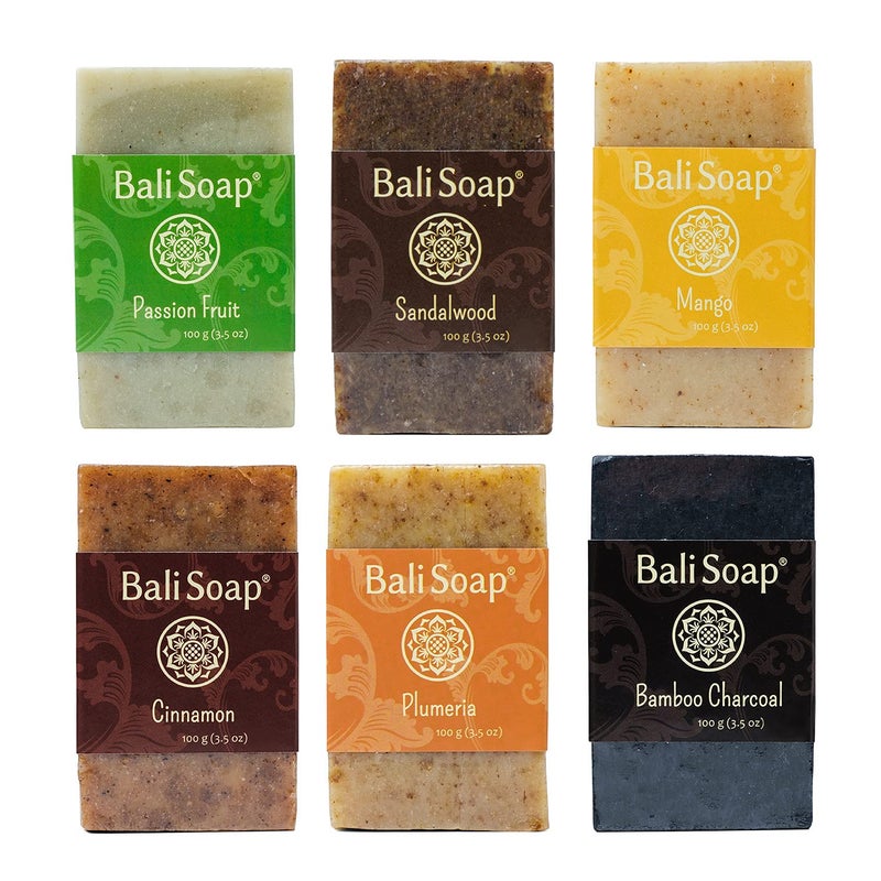 Bali Soap  Orange Collection  Natural Soap Bar Gift Set Face Soap or Body Soap 6 pc Variety Soap Pack Passion Fruit Sandalwood Mango Cinnamon Plumeria Bamboo Charcoal 35 Oz each