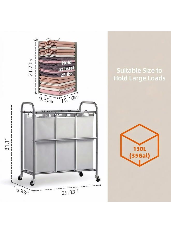 ROMOON Laundry Sorter, 3 Bag Laundry Hamper Sorter with Rolling Heavy Duty Casters, Laundry Organizer Cart for Clothes Storage, Gray - Image 4