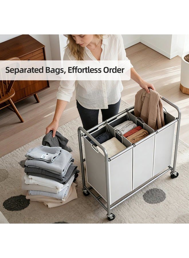 ROMOON Laundry Sorter, 3 Bag Laundry Hamper Sorter with Rolling Heavy Duty Casters, Laundry Organizer Cart for Clothes Storage, Gray - Image 2