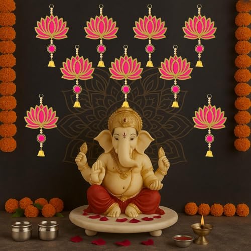 ARLICORPING Wooden Lotus Wall Hanging for Festive Decoration – Diwali, Ganpati, Pooja Room, Mandir, Living Room, Door, Hall, Entrance, Spiritual Decor (Lotus + Bell-Pink, Pack of 6) - Image 2