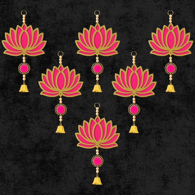 ARLICORPING Wooden Lotus Wall Hanging for Festive Decoration – Diwali, Ganpati, Pooja Room, Mandir, Living Room, Door, Hall, Entrance, Spiritual Decor (Lotus + Bell-Pink, Pack of 6) - Image 5