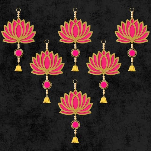 ARLICORPING Wooden Lotus Wall Hanging for Festive Decoration – Diwali, Ganpati, Pooja Room, Mandir, Living Room, Door, Hall, Entrance, Spiritual Decor (Lotus + Bell-Pink, Pack of 6) - Image 1