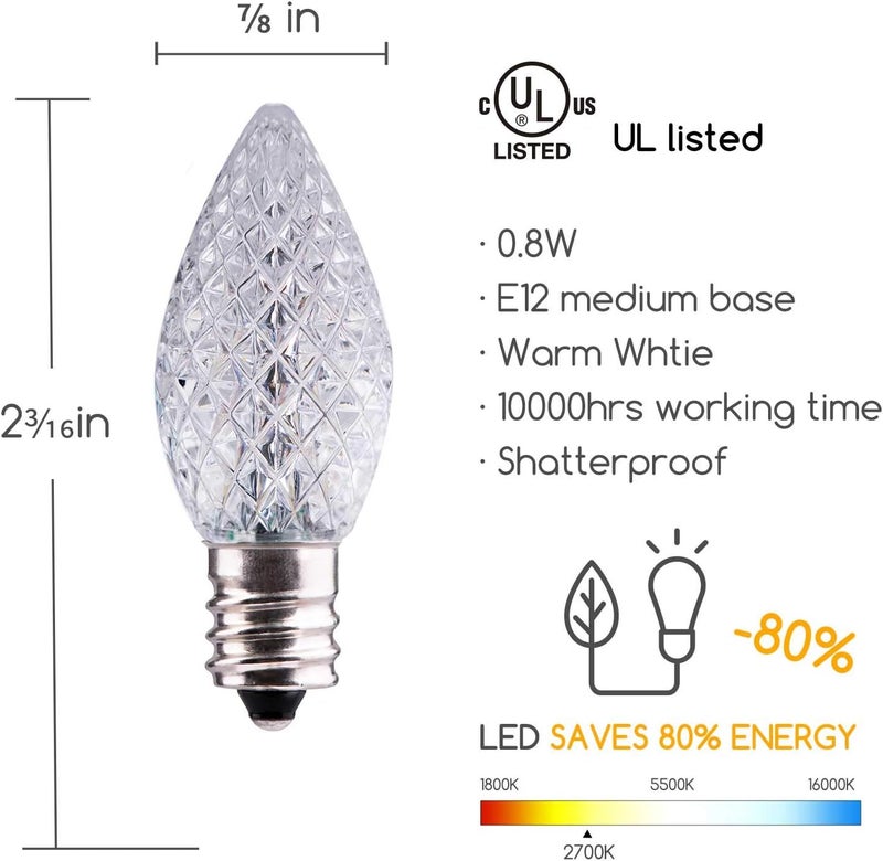 Brightown 50 Pack C7 Led Replacement Christmas Light Bulb C7 Shatterproof Led Bulbs for Christmas String Lights E12 Candelabra Base Commercial Grade Dimmable Holiday Bulbs Warm White - Image 2