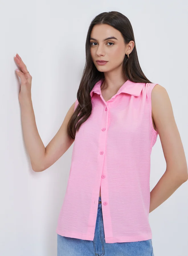 Take Two Take Two Solid Sleeveless Buttoned Shirt