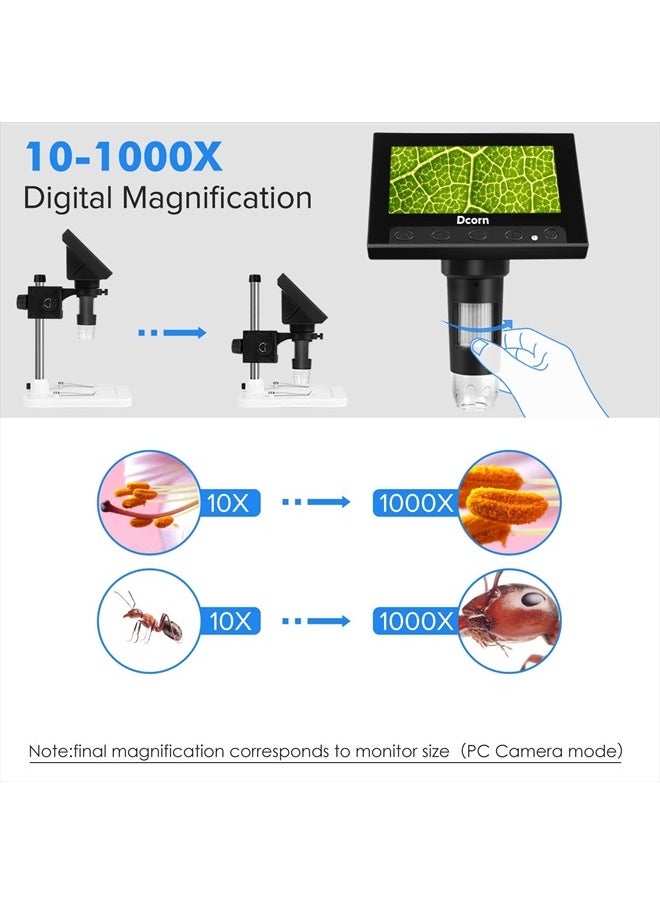 Dcorn - Coin Microscope, Dcorn 4.3 Inch LCD Digital Microscope with 32GB TF Card 10X-1000X Magnification Video Camera Handheld Microscope for Coin Observation/PCB Soldering, Windows Compatible - Image 1