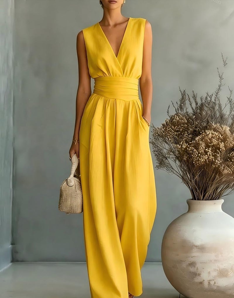 2026 European and American Cross-Border Spring/Summer New Elegant High-Waisted V-Neck Jumpsuit