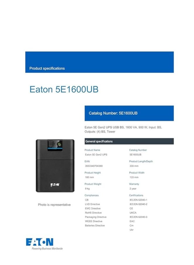 Eaton Eaton 5E 1600 USB BS G2 is a line-interactive uninterruptible power supply (UPS) designed to provide reliable power protection for critical devices in both residential and professional settings. - Image 3