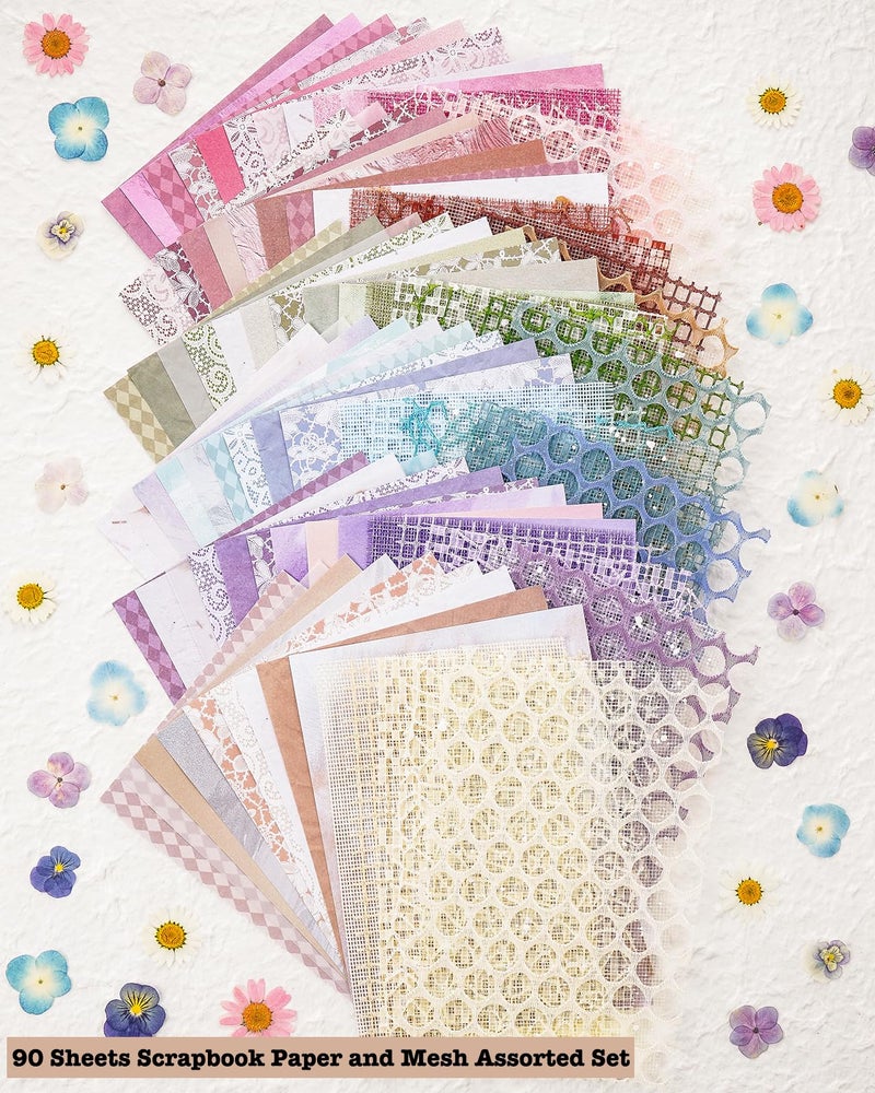 ARTSMONA 90 Sheets Scrapbook Paper and Decorative Mesh Fabric Assorted Set - 6 Pack Mixed Special Paper for Scrapbooking Planner Bullet Junk Journal Supplies Mixed Media Collage Card Embellishment 5.1x7 Inch - Image 3