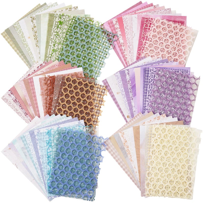 ARTSMONA 90 Sheets Scrapbook Paper and Decorative Mesh Fabric Assorted Set - 6 Pack Mixed Special Paper for Scrapbooking Planner Bullet Junk Journal Supplies Mixed Media Collage Card Embellishment 5.1x7 Inch - Image 1