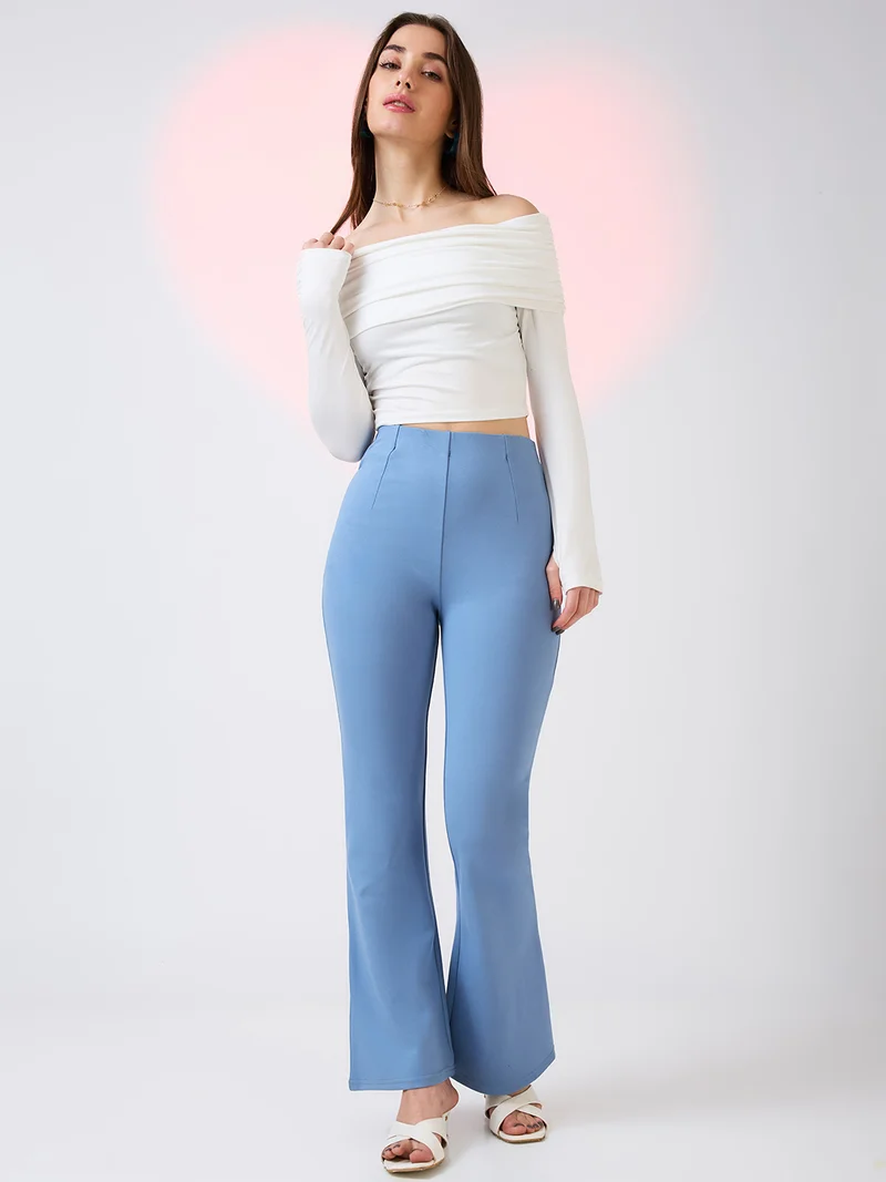 جلو باص جلوبس نسائي دينم مطاطي بخصر متوسط بنطلون عمل بقصة واسعة من الأسفل