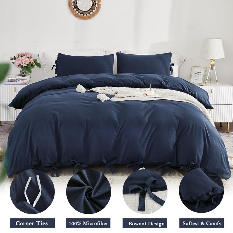 annadaif Grayish Navy Duvet Cover King Size, 3 Pieces Soft Washed Microfiber Duvet Cover Set, Comforter Cover with Bowknot Bow Tie (1 Duvet Cover 104x90 Inch, 2 Pillowcases) Easy Care Bedding Set - Image 2