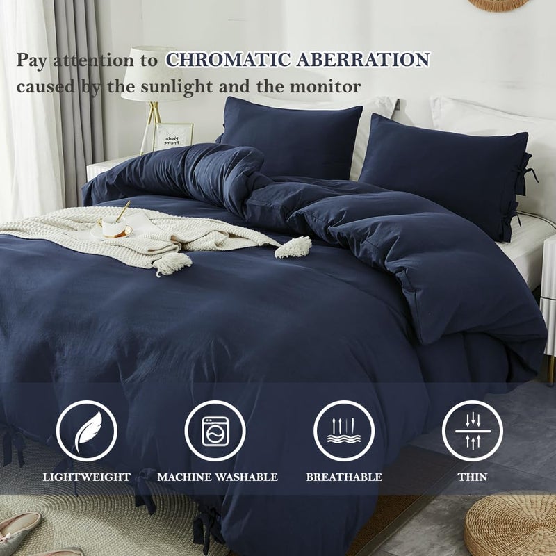 annadaif Grayish Navy Duvet Cover King Size, 3 Pieces Soft Washed Microfiber Duvet Cover Set, Comforter Cover with Bowknot Bow Tie (1 Duvet Cover 104x90 Inch, 2 Pillowcases) Easy Care Bedding Set - Image 3