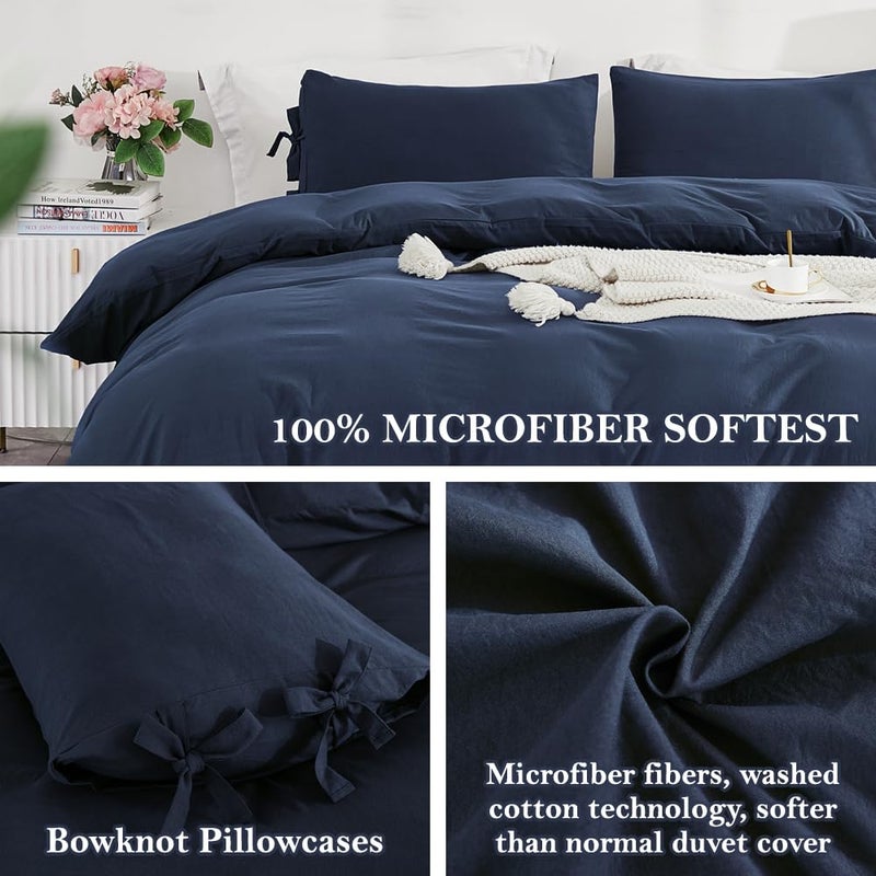 annadaif Grayish Navy Duvet Cover King Size, 3 Pieces Soft Washed Microfiber Duvet Cover Set, Comforter Cover with Bowknot Bow Tie (1 Duvet Cover 104x90 Inch, 2 Pillowcases) Easy Care Bedding Set - Image 4