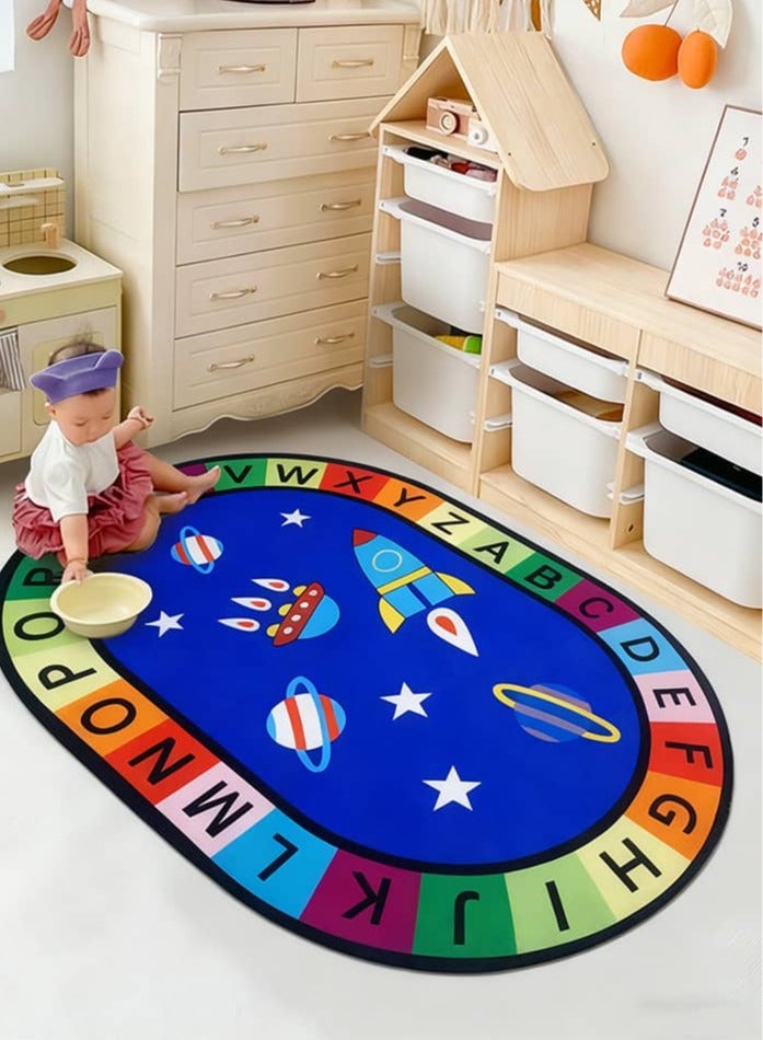 أديلي بساط لعب للأطفال بتصميم الحروف الأبجدية ABC، سجادة تعليمية زرقاء مزينة بصاروخ ومنطاد، سجادة لعب تعليمية للأطفال لغرفة اللعب وغرفة الحضانة، سجادة ناعمة غير قابلة للانزلاق - Image 1