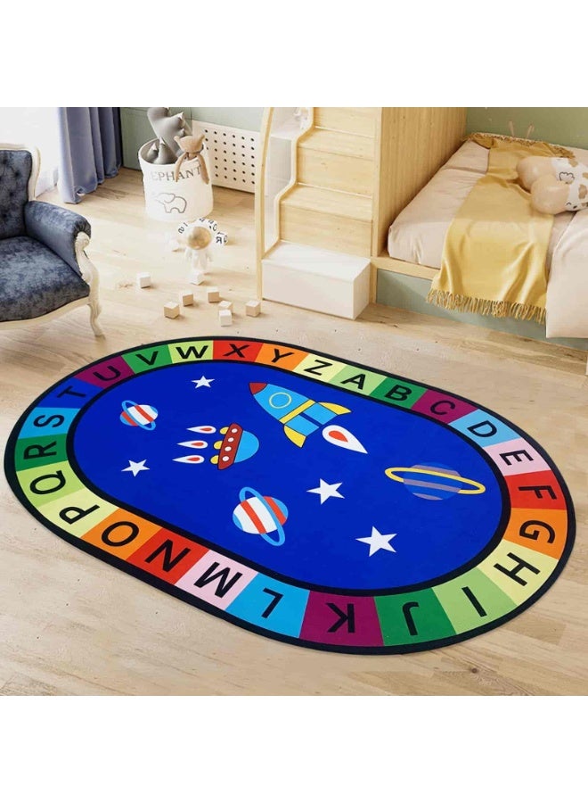 أديلي بساط لعب للأطفال بتصميم الحروف الأبجدية ABC، سجادة تعليمية زرقاء مزينة بصاروخ ومنطاد، سجادة لعب تعليمية للأطفال لغرفة اللعب وغرفة الحضانة، سجادة ناعمة غير قابلة للانزلاق - Image 5
