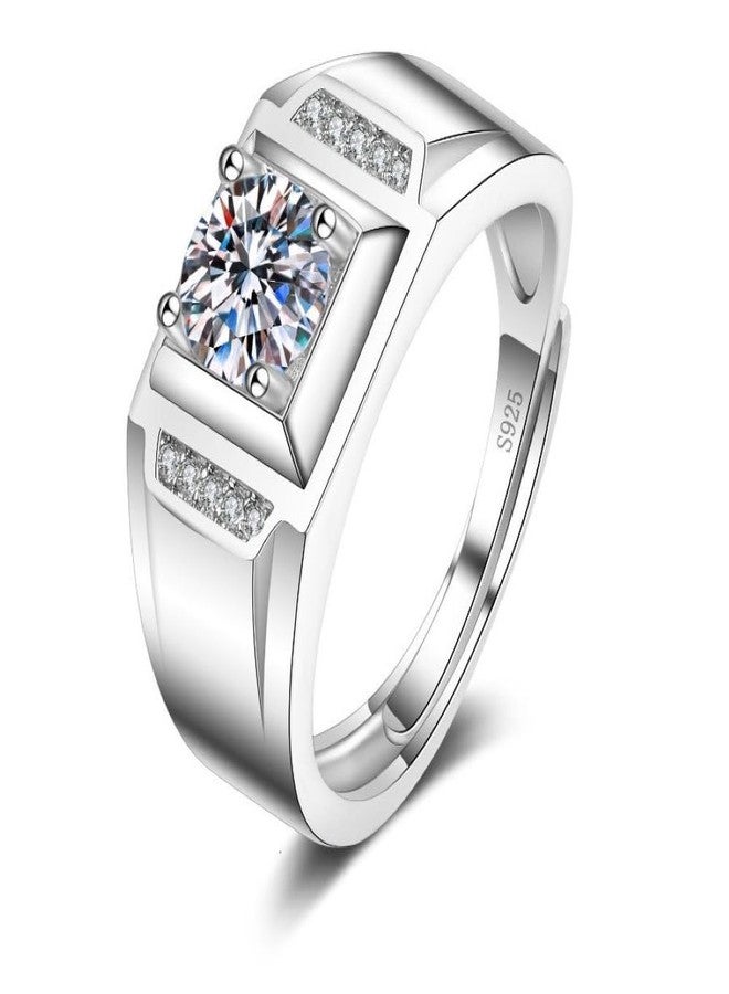 LRGKMCWTOB Men's Moissanite Diamond Ring White Gold Men Moissanite Ring Diamond Wedding Sterling Silver 18K White Gold Plated Clarity Brilliant Round Cut Moissanite Adjustable Opening Ring - Image 1