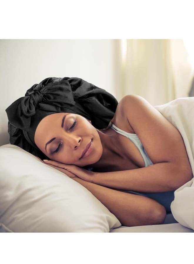 2 Pcs Satin Sleeping Bonnet, Large Long Strap Tie Band, Adjustable Sleep Night Cap Hair Bonnet for Women & Men, Black - Image 2