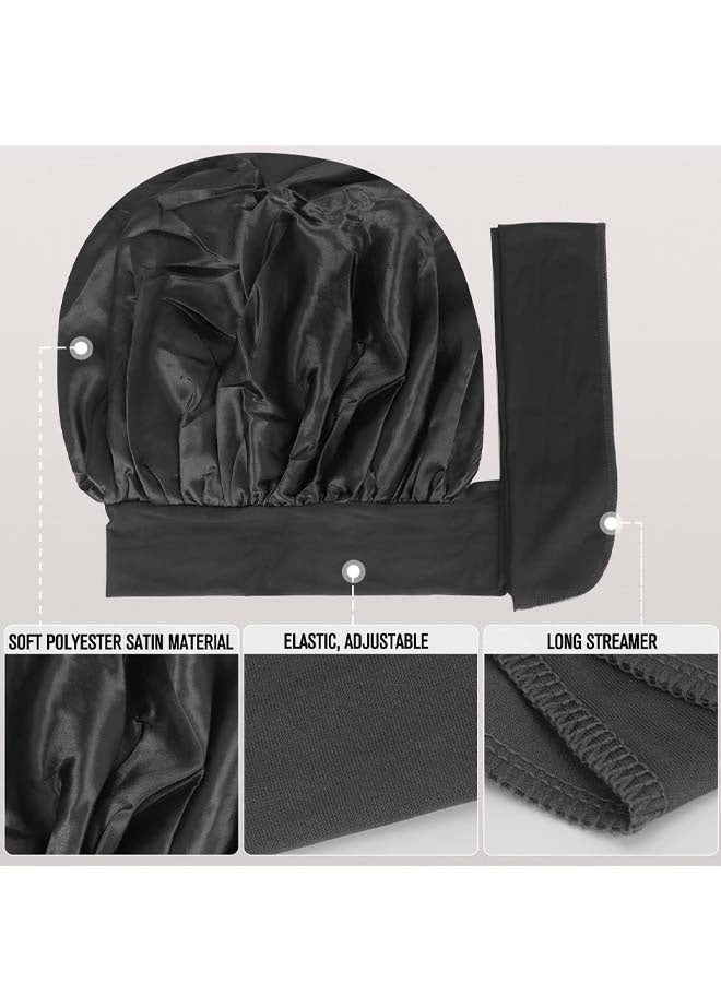 2 Pcs Satin Sleeping Bonnet, Large Long Strap Tie Band, Adjustable Sleep Night Cap Hair Bonnet for Women & Men, Black - Image 5