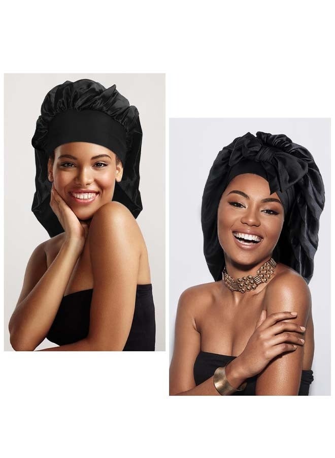 2 Pcs Satin Sleeping Bonnet, Large Long Strap Tie Band, Adjustable Sleep Night Cap Hair Bonnet for Women & Men, Black - Image 4