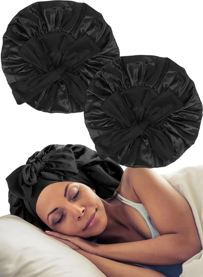 2 Pcs Satin Sleeping Bonnet, Large Long Strap Tie Band, Adjustable Sleep Night Cap Hair Bonnet for Women & Men, Black - Image 1