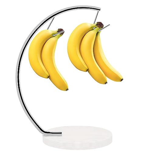 Livabber Banana Holder with Marble Base, Metal Banana Hanger Modern Tree Stand with Hook, Stylish Banana Keeper Fresh Fruit Storage Organizer Freestanding for Kitchen Countertop (Chrome, Double Hook) - Image 1