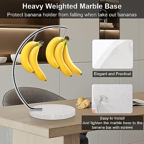 Livabber Banana Holder with Marble Base, Metal Banana Hanger Modern Tree Stand with Hook, Stylish Banana Keeper Fresh Fruit Storage Organizer Freestanding for Kitchen Countertop (Chrome, Double Hook) - Image 4