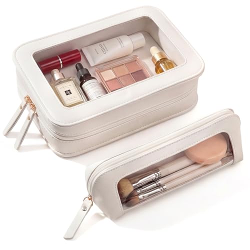 LETGO 2Pack Clear Makeup Bags Set,Portable Makeup Brush Bag,Portable Leather Travel Toiletry Bag Car Eessntials for Women (White) - Image 1