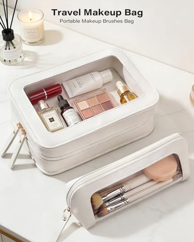 LETGO 2Pack Clear Makeup Bags Set,Portable Makeup Brush Bag,Portable Leather Travel Toiletry Bag Car Eessntials for Women (White) - Image 3