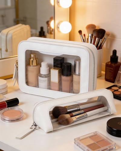 LETGO 2Pack Clear Makeup Bags Set,Portable Makeup Brush Bag,Portable Leather Travel Toiletry Bag Car Eessntials for Women (White) - Image 2
