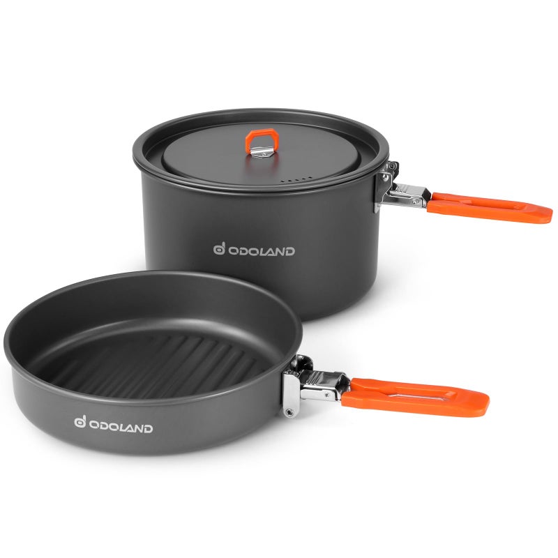 Odoland Camping Cookware Mess Kit, Non-Stick Lightweight Camping Pot and Fry Pan Set with Mesh Bag for Camping, Backpacking, Outdoor Cooking and Picnic, for 1-2 People - Image 1
